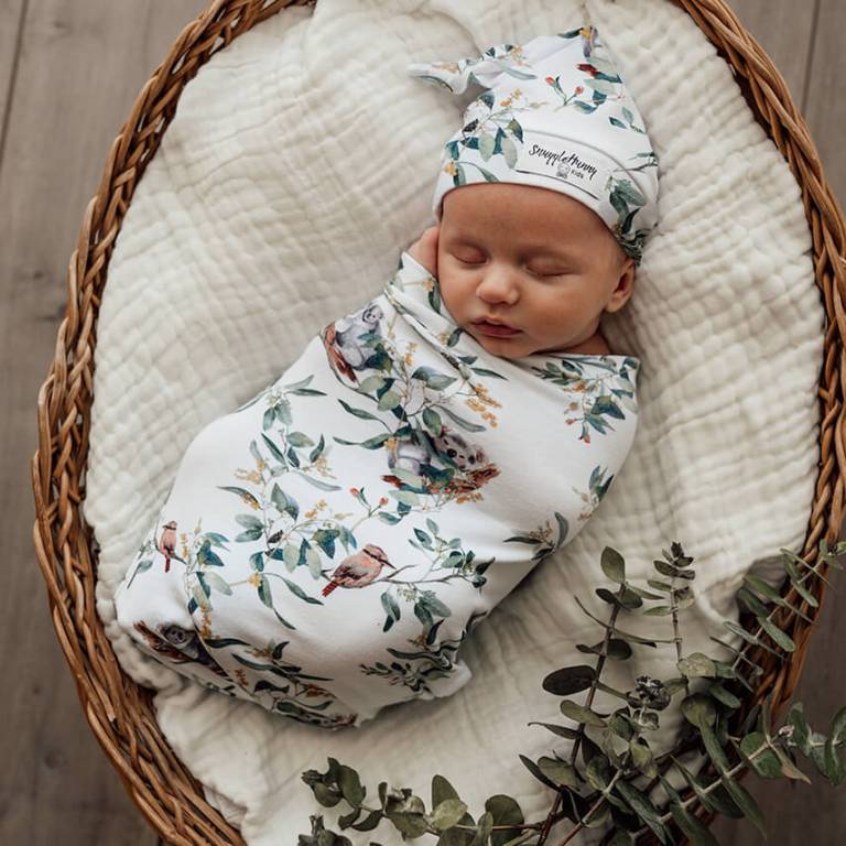 Eucalypt snuggle swaddle beanie set Two Little Finches