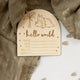 Hello World Dino Arch Wooden Birth Announcement Disc – Baby Keepsake & Photo Prop