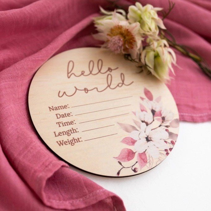 Hello World Floral Wooden Birth Announcement Disc – Baby Keepsake & Ph ...