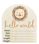 Hello World Lion Arch Wooden Birth Announcement Disc – Baby Keepsake & Photo Prop