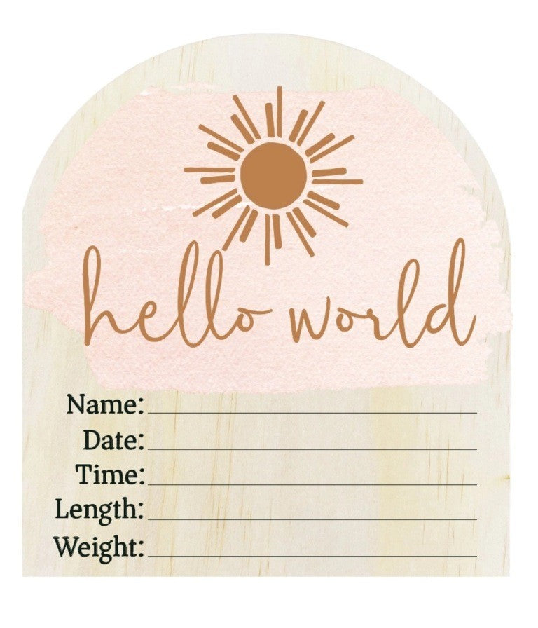 Hello World Pink Sun Wooden Arch Birth Announcement Disc – Baby Keepsa ...